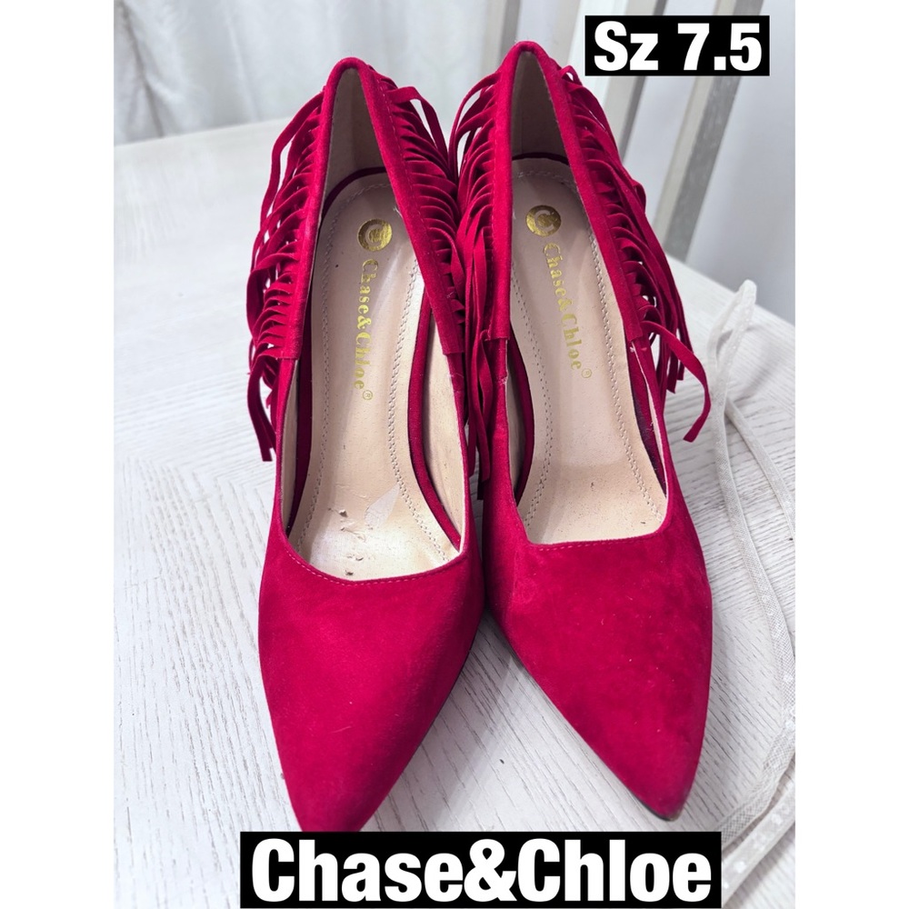 Chase + Chloe Women's Vibrant Red Fringe Heels